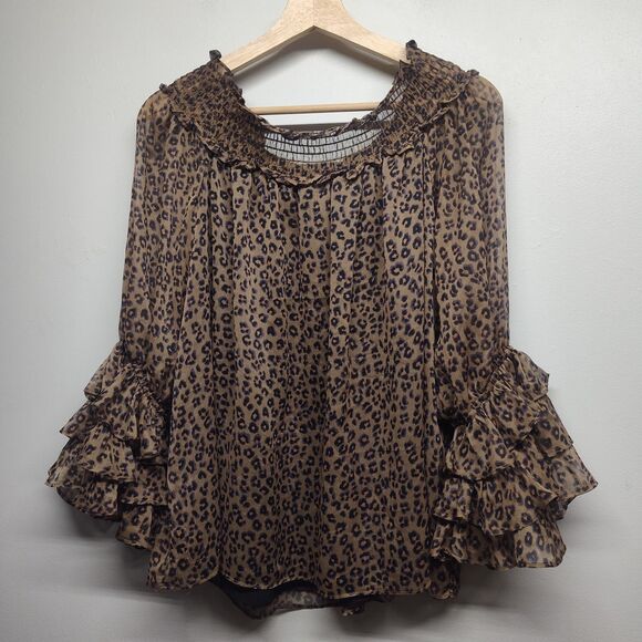 Cece Blouse Top Women Size M Brown Leopard Chiffon Off Shoulder Lined Feminine - Picture 6 of 8